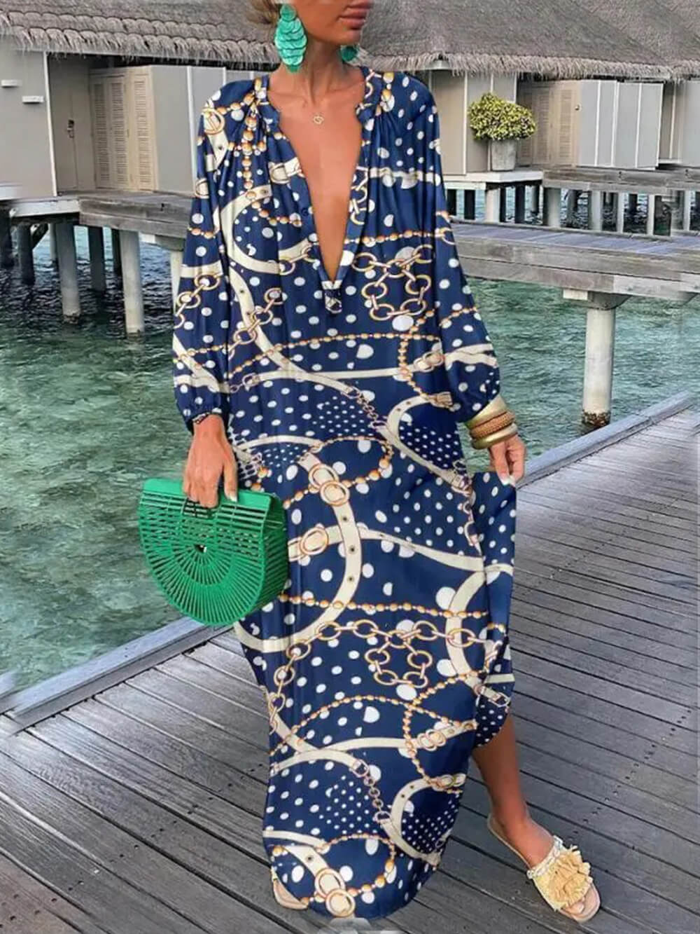 Robe longue bohème imprimée à col en V