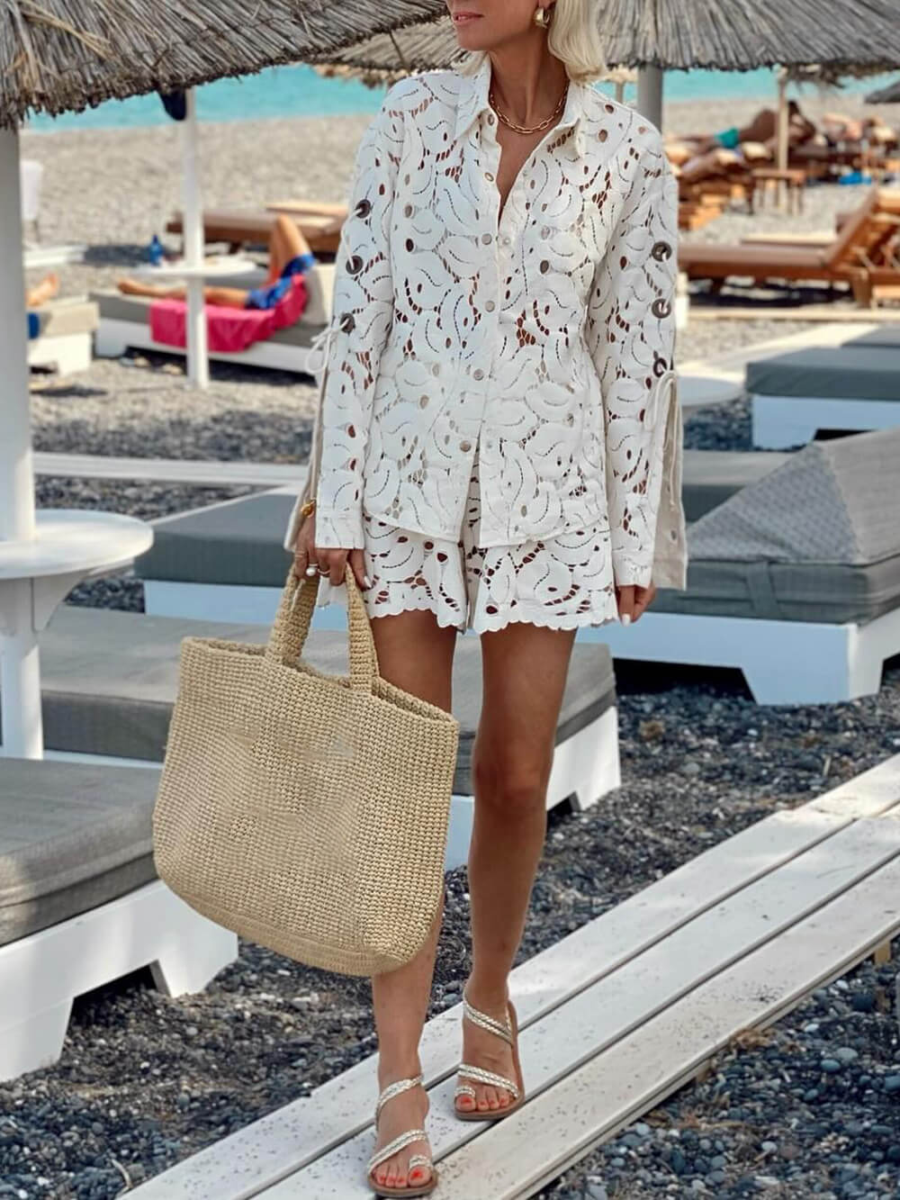 Vintage Exquisites Spitzen-Set mit gehäkelten Schlitzärmeln und Shorts