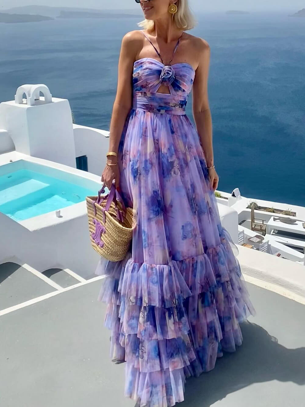 Elegant Floral Print Chiffon Layered Halter Maxi Dress