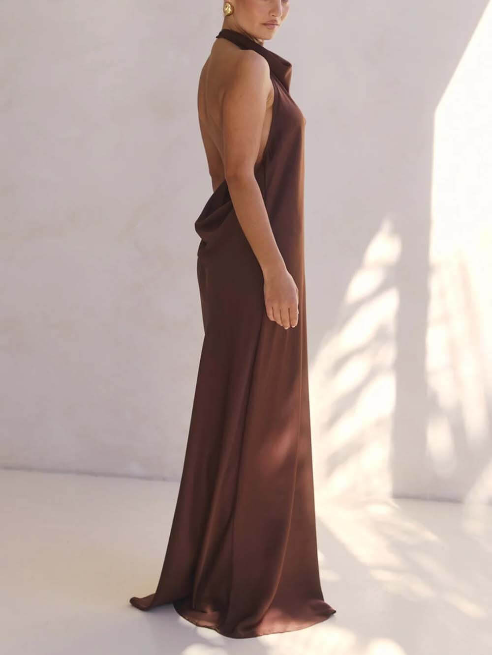 Elegant Halter Draped Neck Satin Backless Maxi Dress