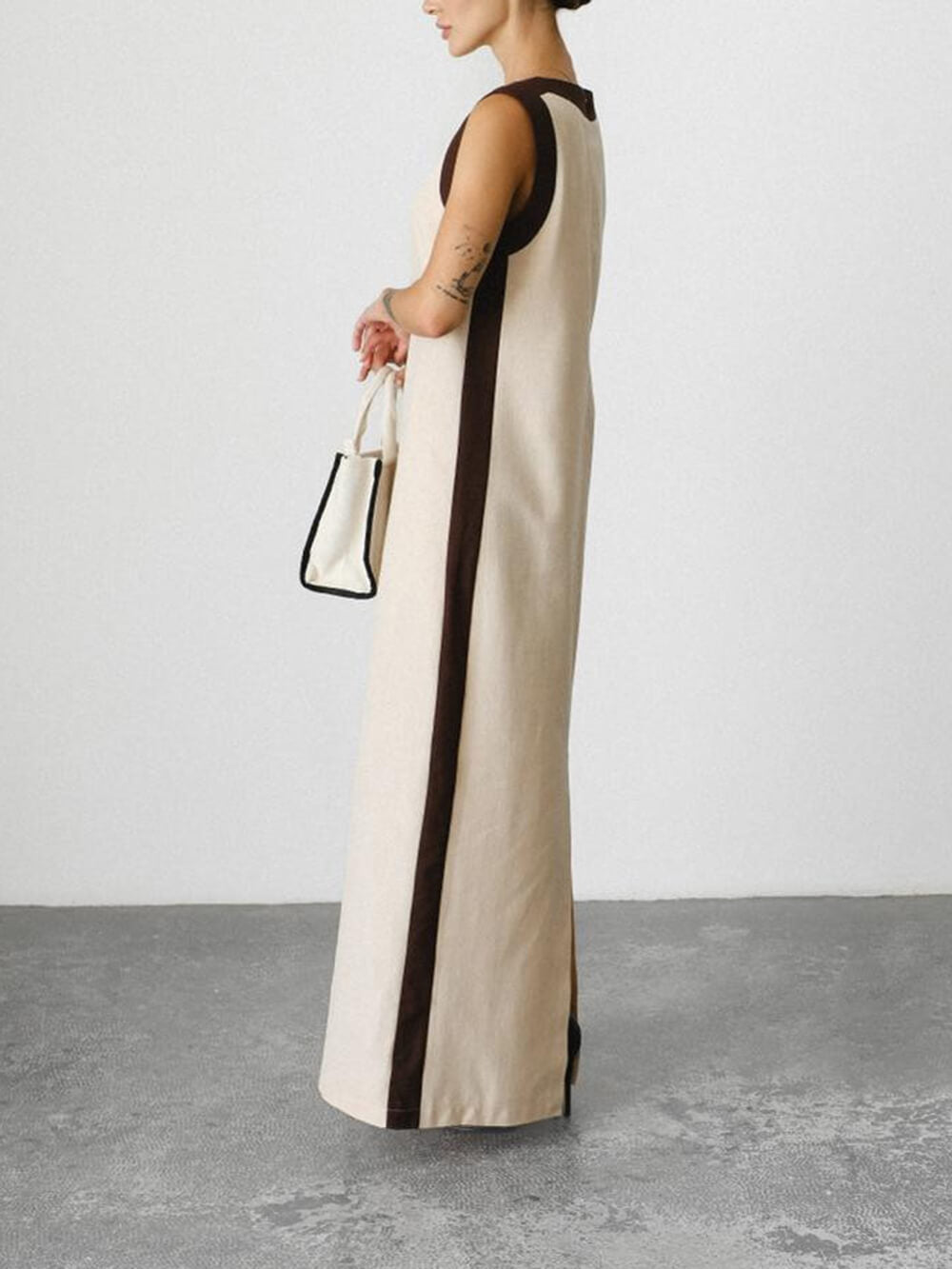 Robe longue en lin à ceinture et blocs de couleurs rétro unique