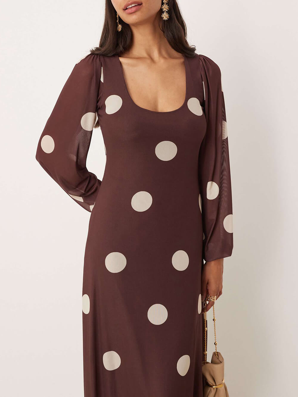 Elegantes Maxikleid mit Polka Dot-Print und Laternenärmeln