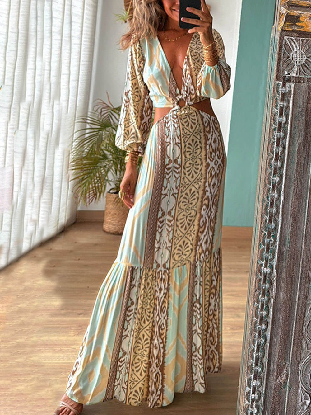 Robe unique à imprimé creux, col en V et ceinture nouée