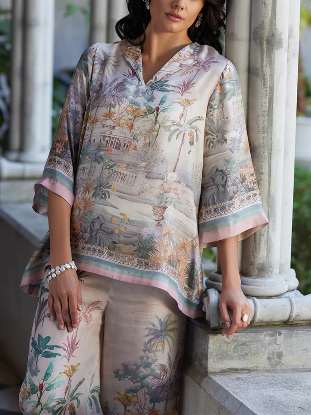 Playful Elegance Digital Print Loose Elastic Waist Wide Leg Pants