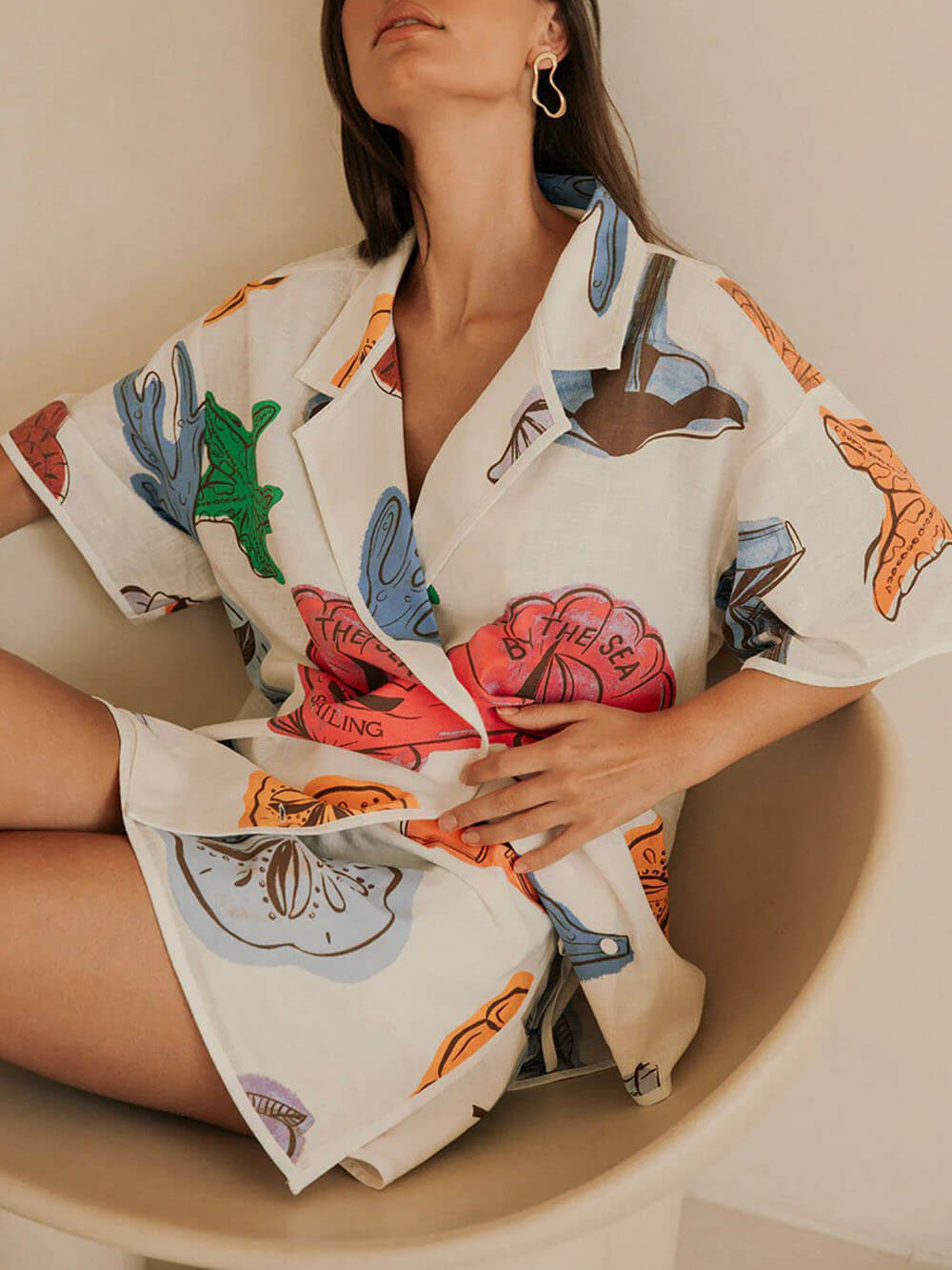 Classic Casual Linen Floral Print Shirt And Mini Skirt Set