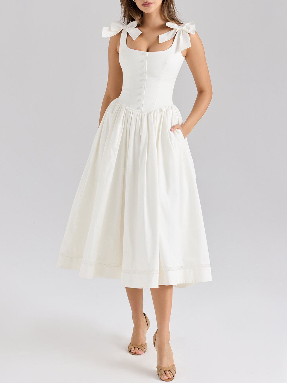 Robe mi-longue plissée à nœud drapé rétro
