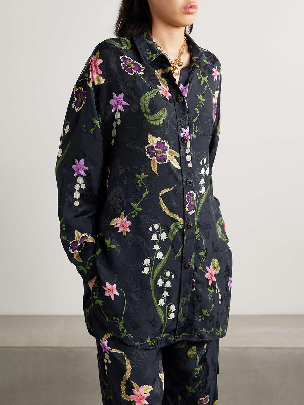 Pantalon droit élégant en satin à imprimé floral