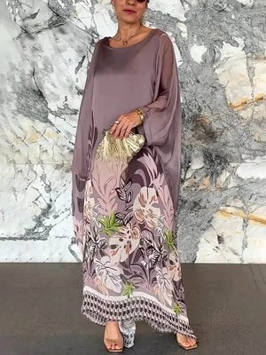 Vacation Plant Print Batwing Sleeve Kaftan Oversized Maxi Dress