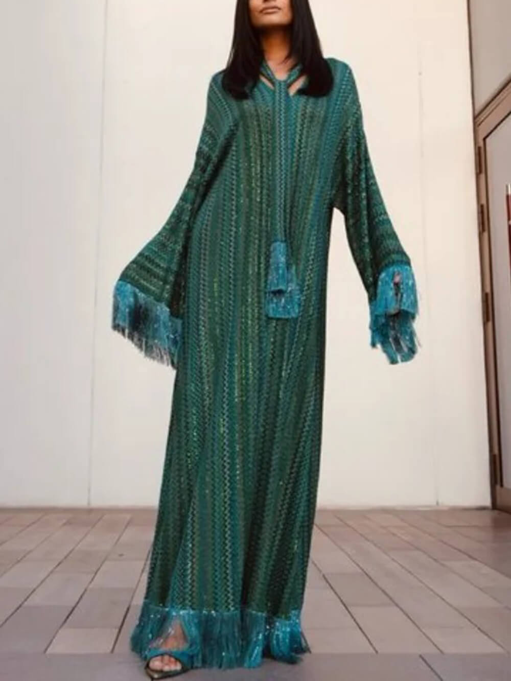 Elegant Printed V-Neck Fringe-Paneled Summer Beach Maxi Dress