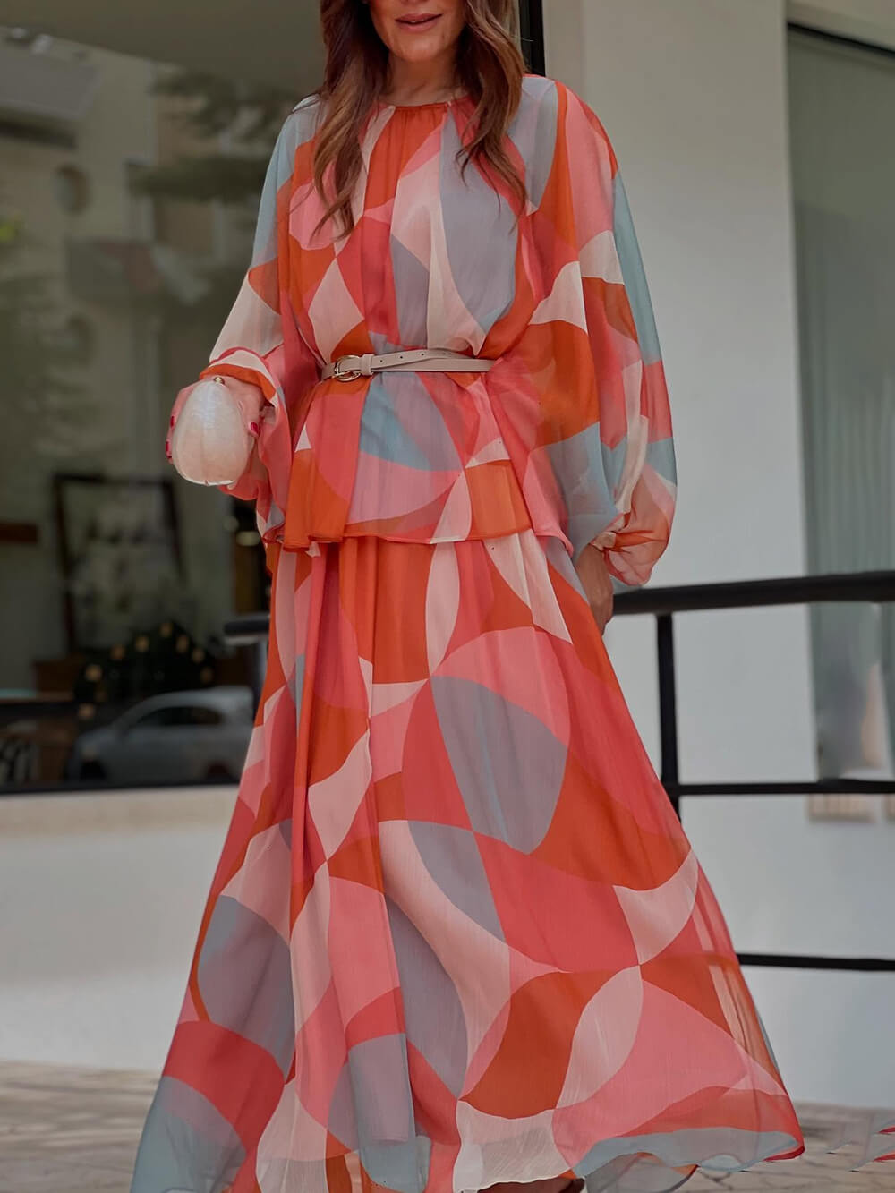 Classic Geometric Print Lantern Sleeve Patchwork Blouse