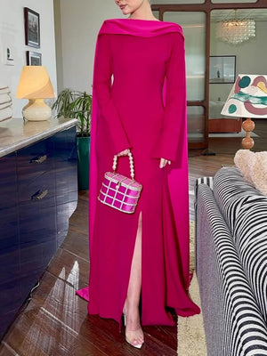 Elegant Slit Hip-Wrap Shawl Ribbon Evening Maxi Dress