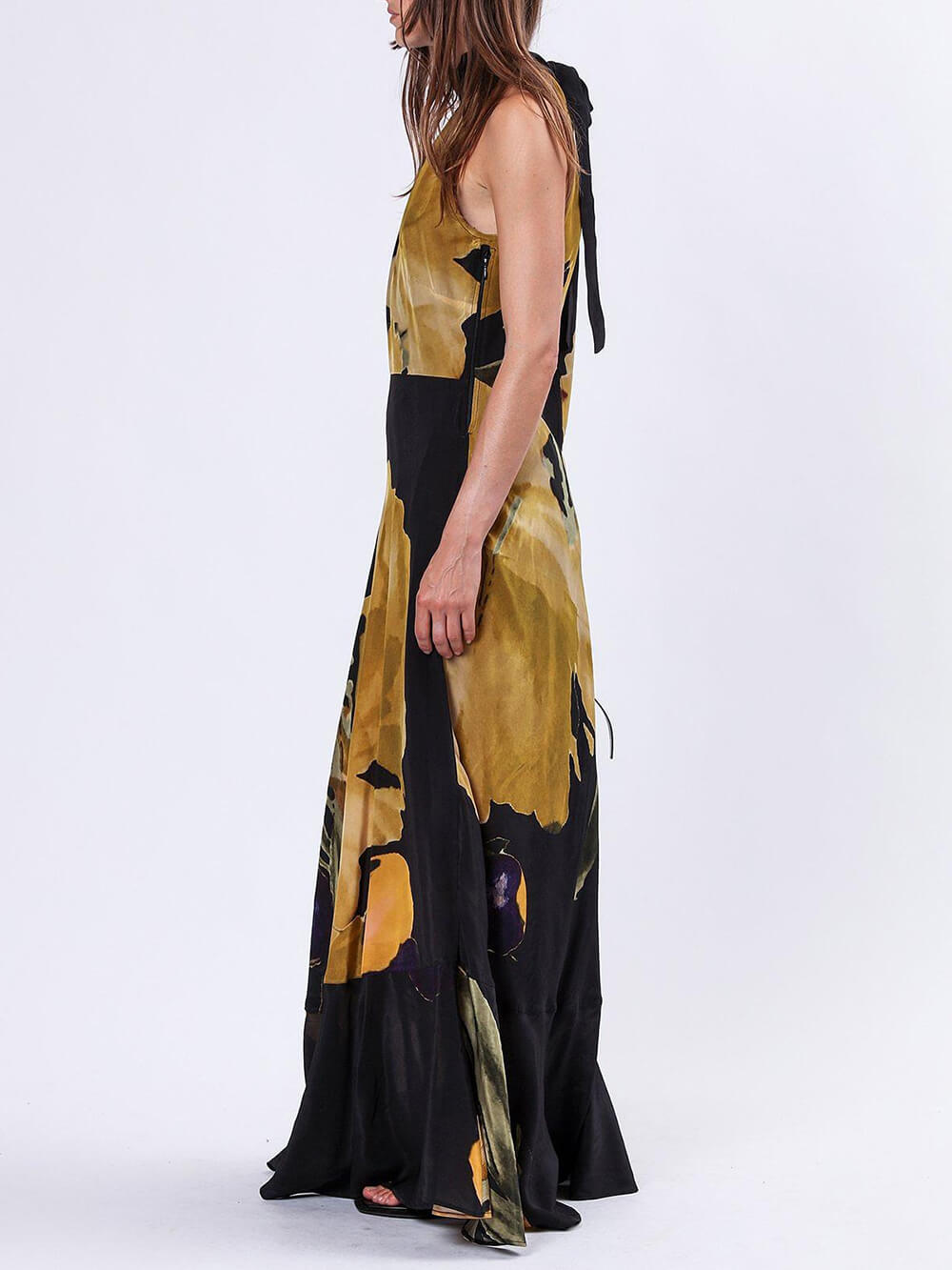 Einzigartiges, gerade geschnittenes Maxikleid mit gelbem Blumenmuster