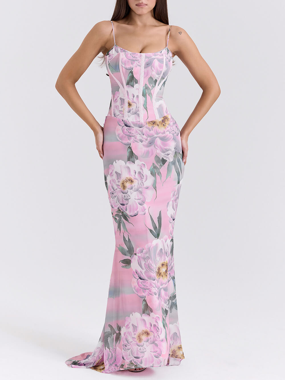 Robe longue corset à imprimé floral rose rétro