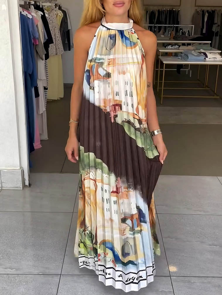 Einzigartiges plissiertes Maxikleid mit abstraktem Landschaftsdruck