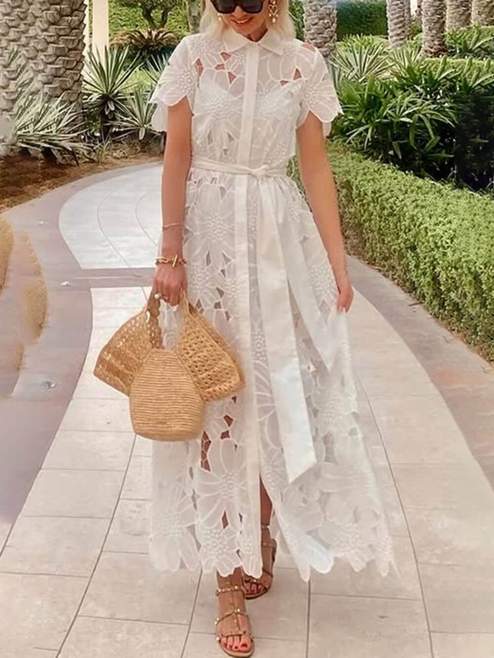 Robe longue d'été décontractée en dentelle à simple boutonnage