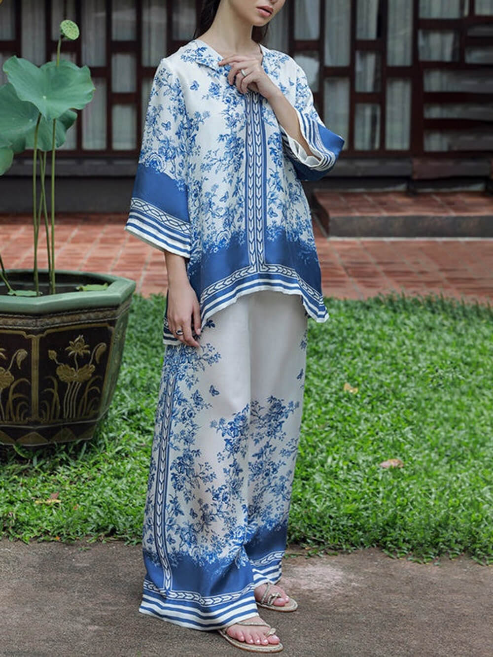 Classic Floral Print Patchwork Elastic Waist Wide-Leg Pants