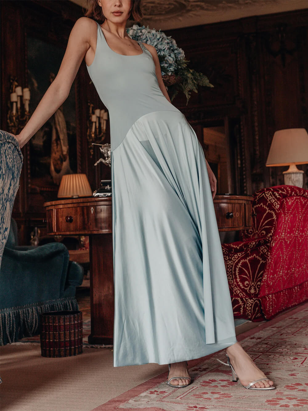 Elegant Curved Waist Spliced Satin Party Maxi Dress