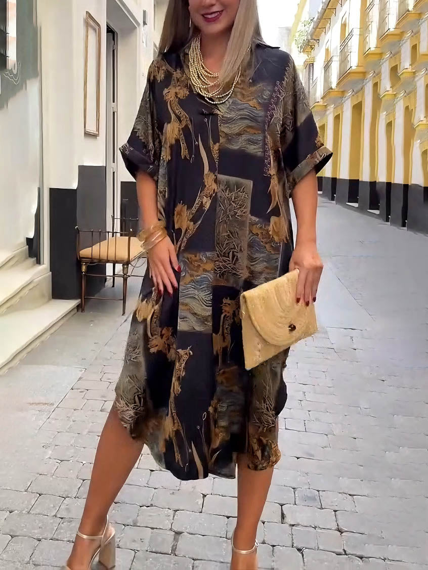 Robe chemise mi-longue à col en V et imprimé satin rétro