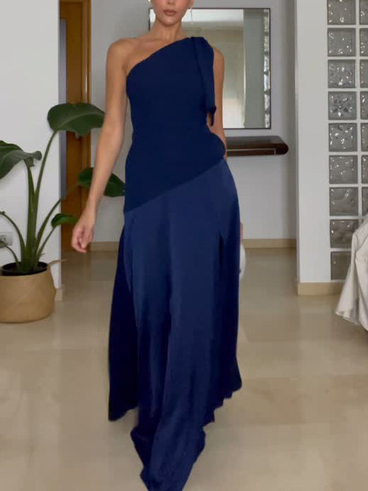 Elegantes One-Shoulder-Maxikleid in Marineblau