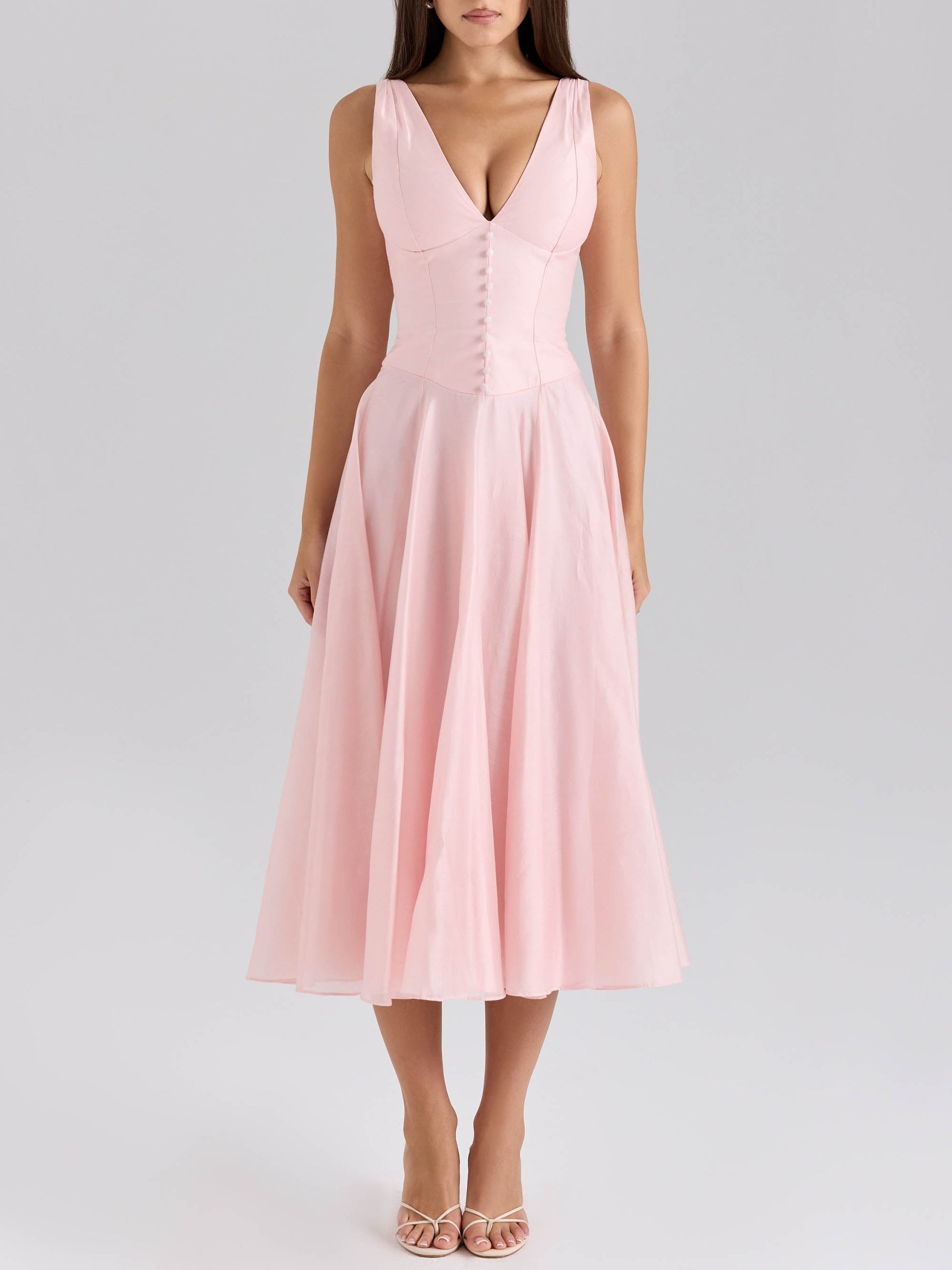 Robe mi-longue élégante à col en V et boutons en mousseline 