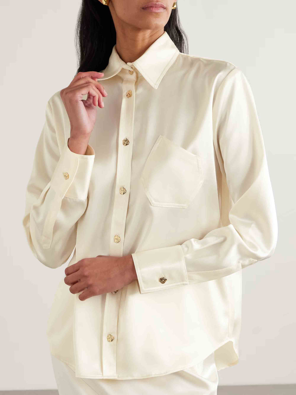 Elegant Satin Button-Embellished Long-Sleeve Shirt