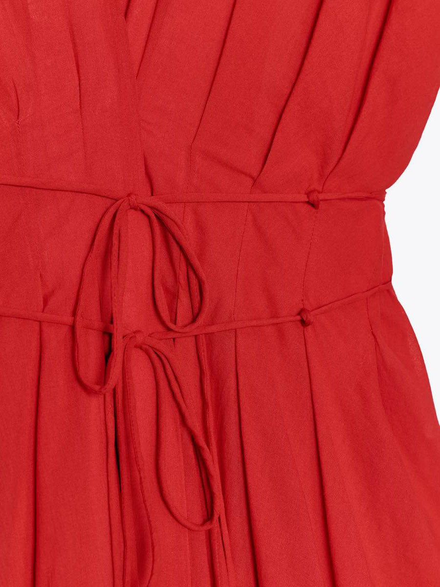 Robe midi plissée élégante à col en V et cordon de serrage