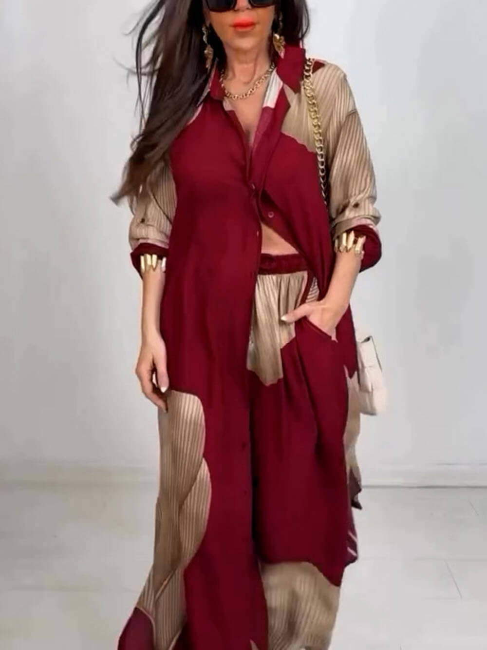 Elegantes, lockeres, bedrucktes Midi-Oberteil mit weitem Bein und Hose