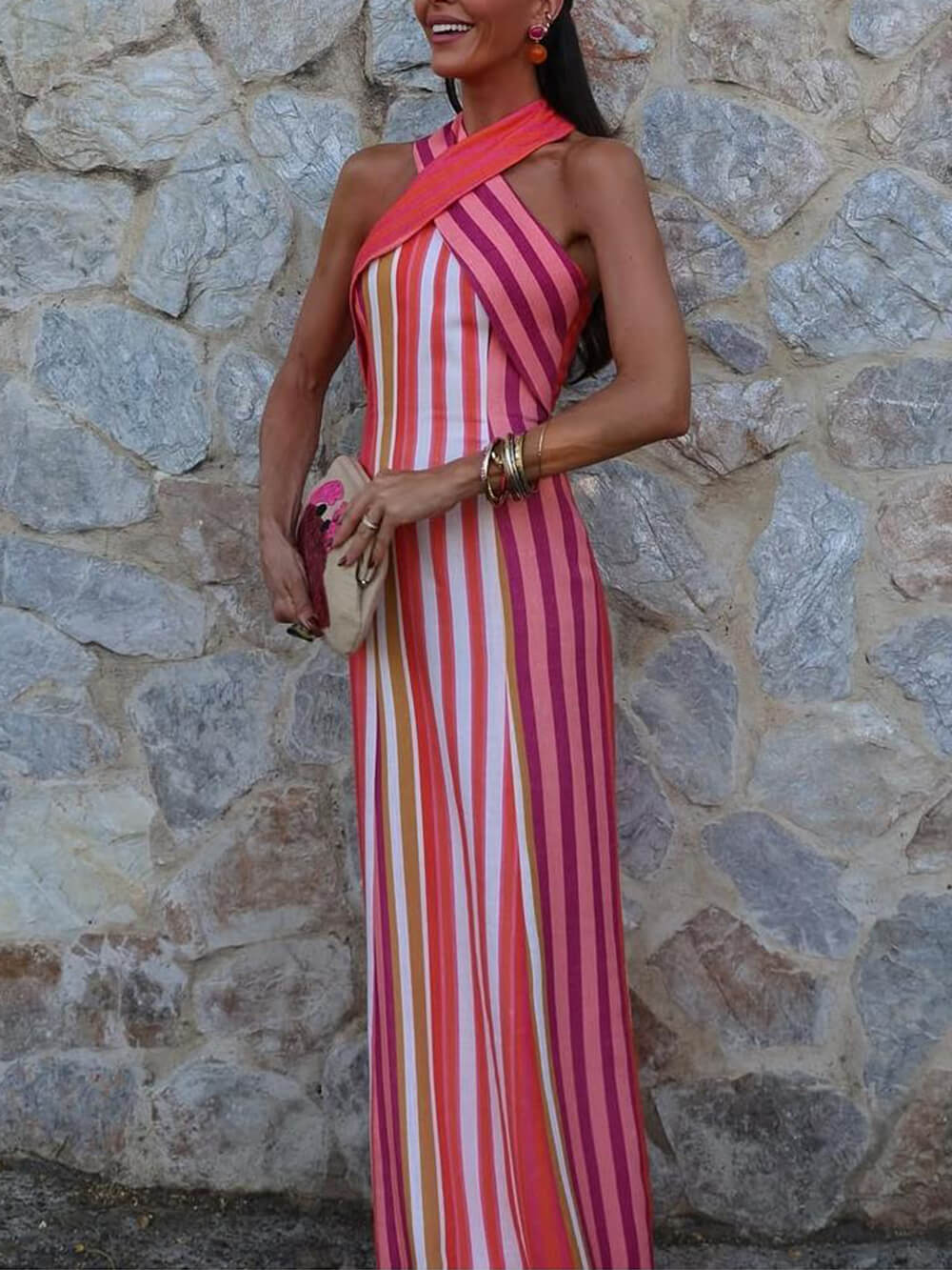Summer Sunset Samba Maxikleid mit gekreuzten Trägern und Streifen