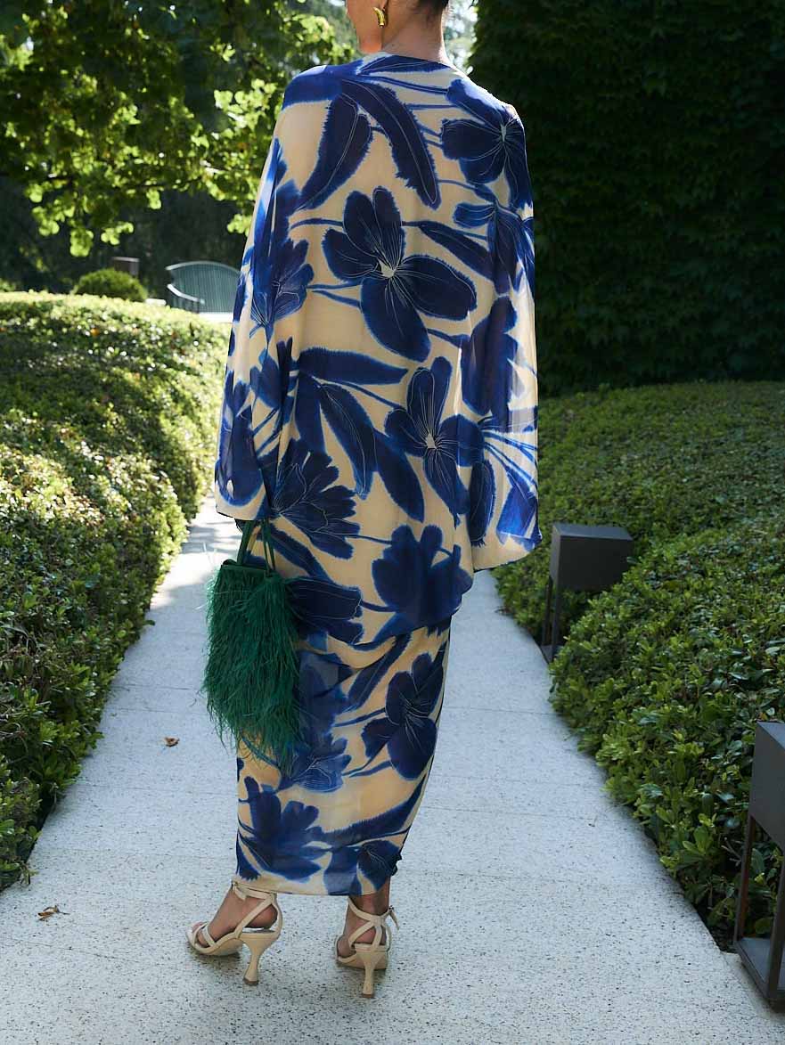 Elegantes, übergroßes Chiffon-Maxikleid mit Blumendruck und Fledermausärmeln