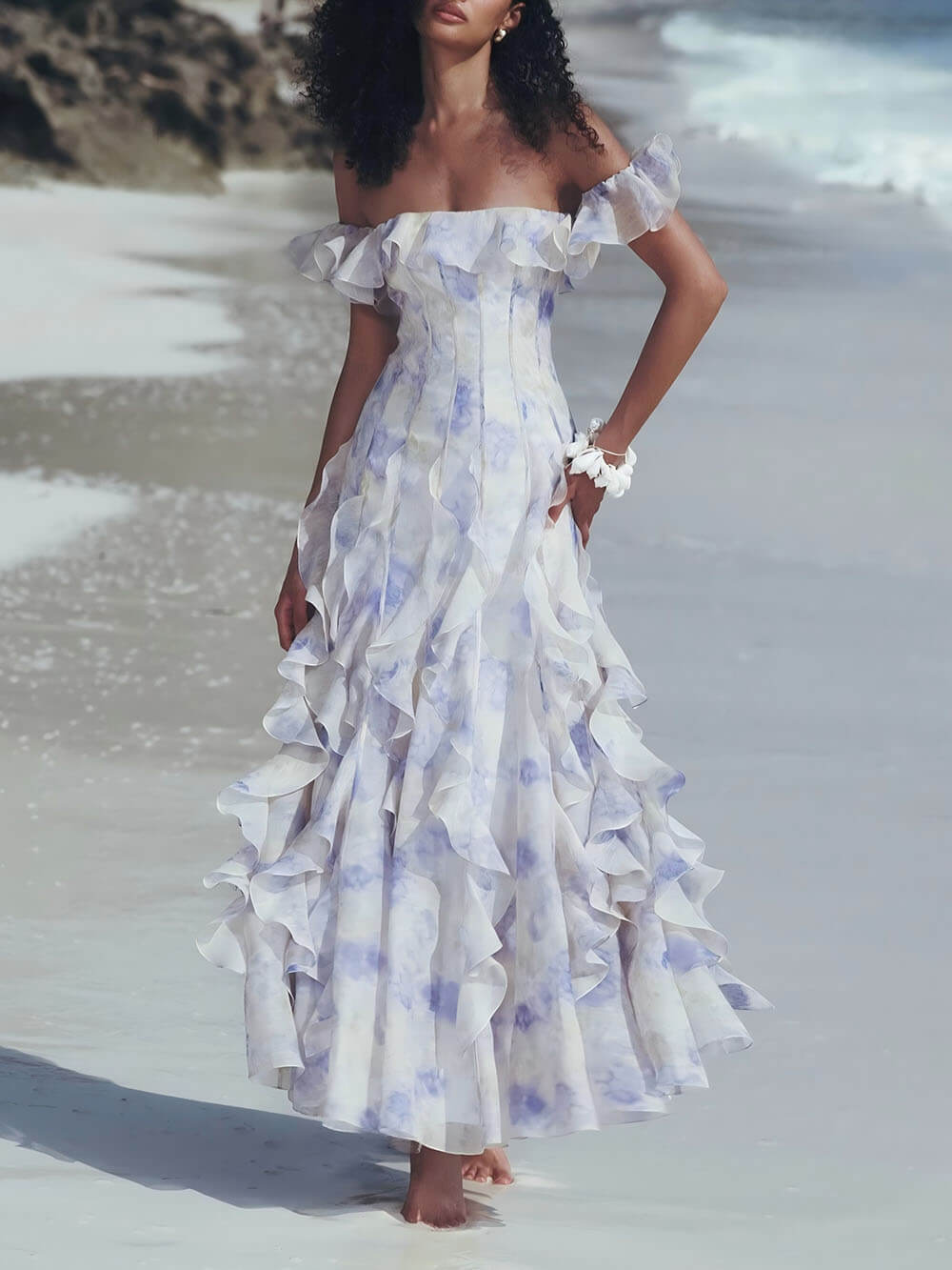 Lässiges Maxikleid im Urlaubsstil mit Trägern und Blumenrüschen