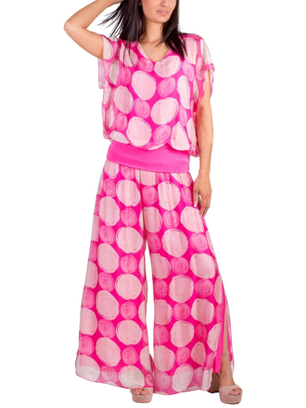 Pantalon à imprimé bohème à pois, taille élastique et ourlet, fentes latérales