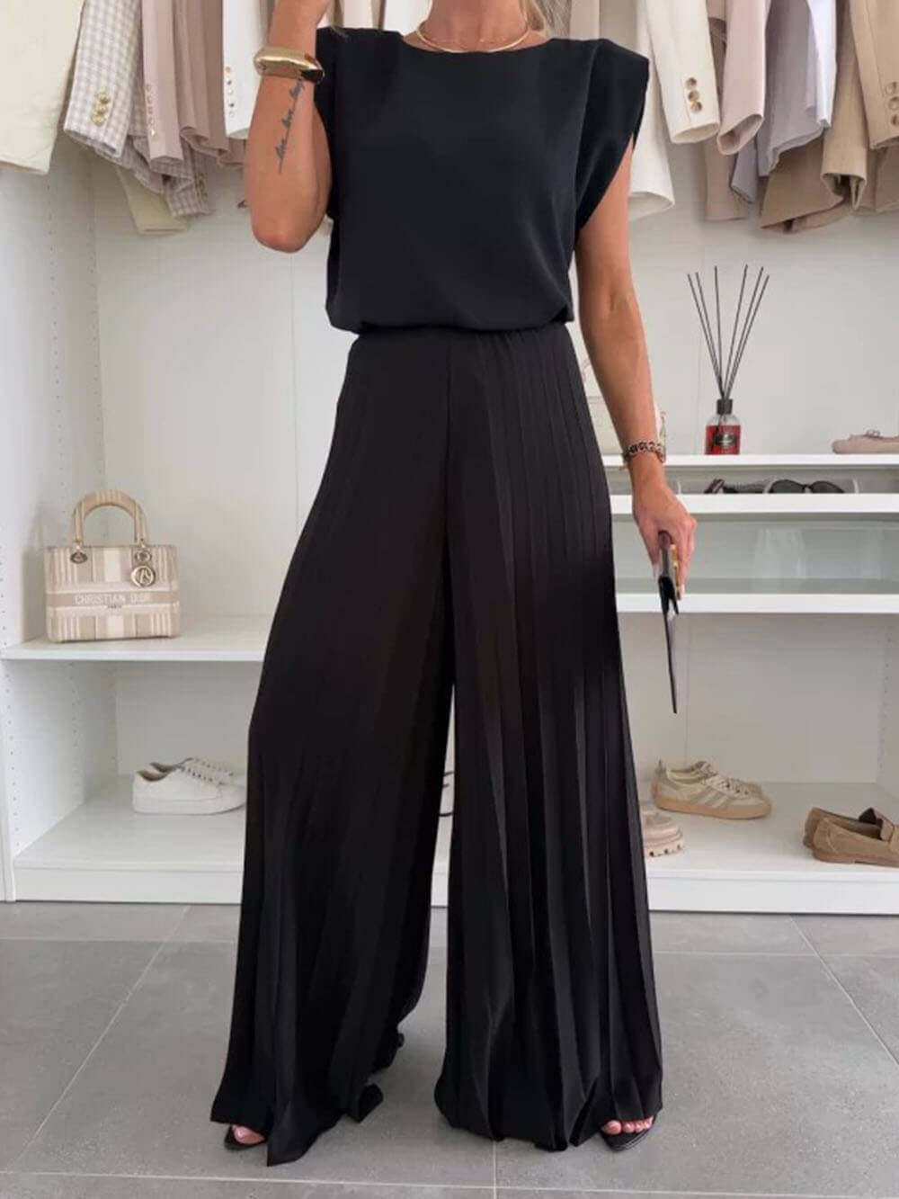 Fashionable Elastic Waist Pleated Wide-Leg Pants