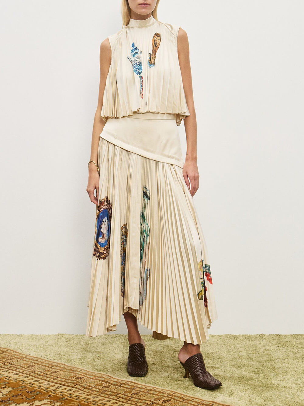 Retro Printed Ruched Patchwork Asymmetric Pleated Skirt