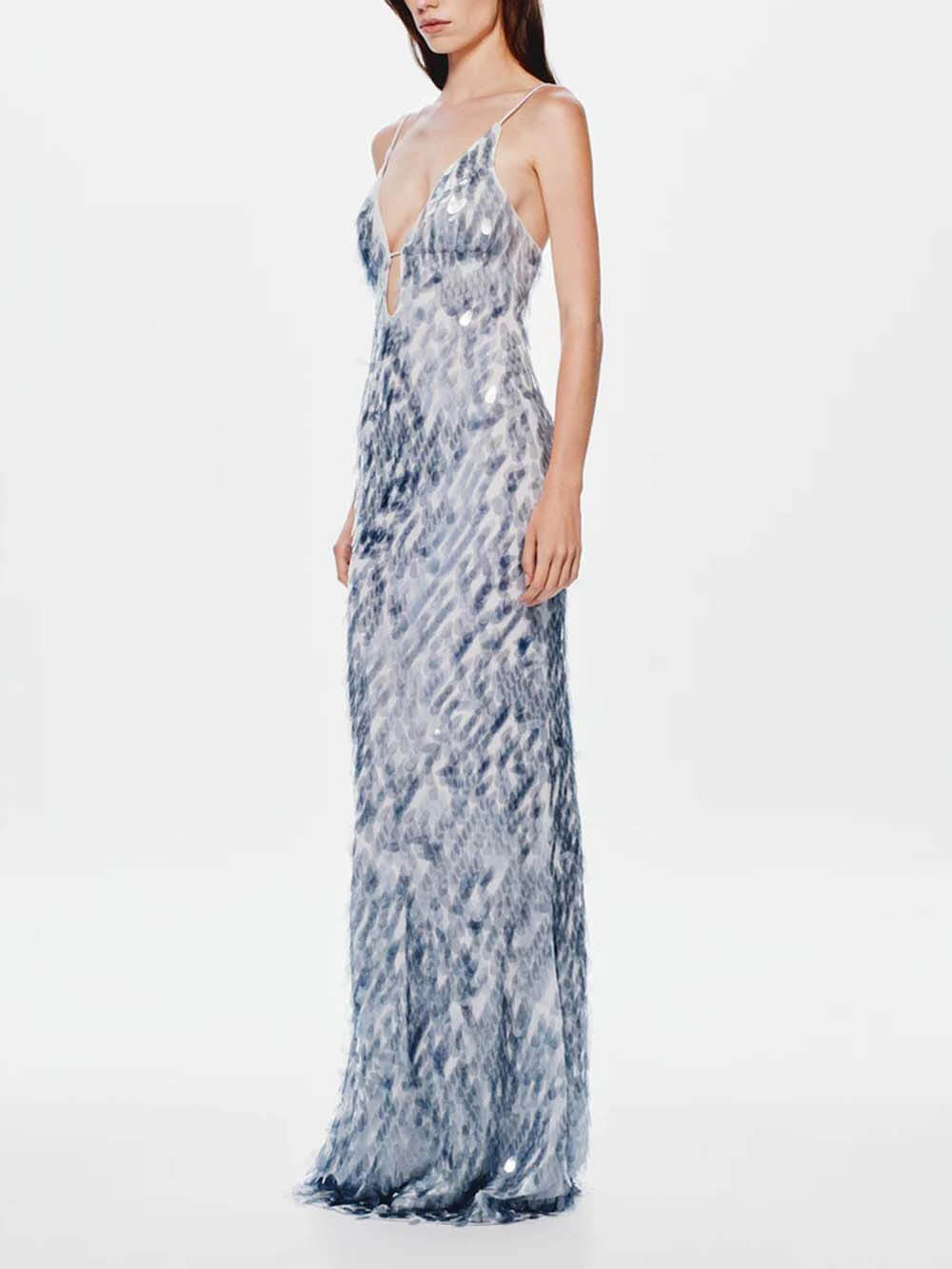 Elegantes, figurbetontes Party-Maxikleid mit Pailletten und V-Ausschnitt