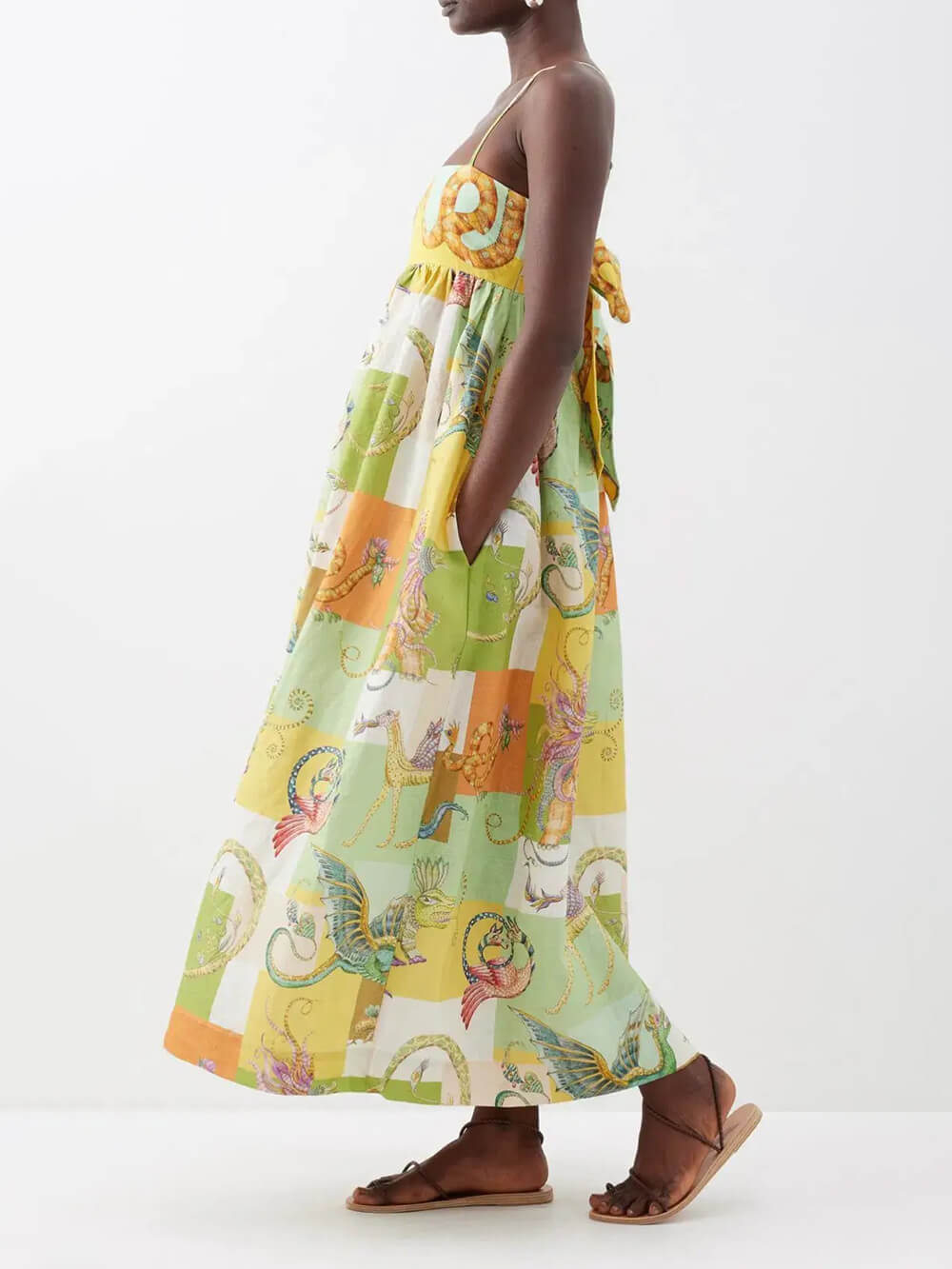 Einzigartiges Midikleid mit Plissierung und Tiermuster zum Binden am Rücken