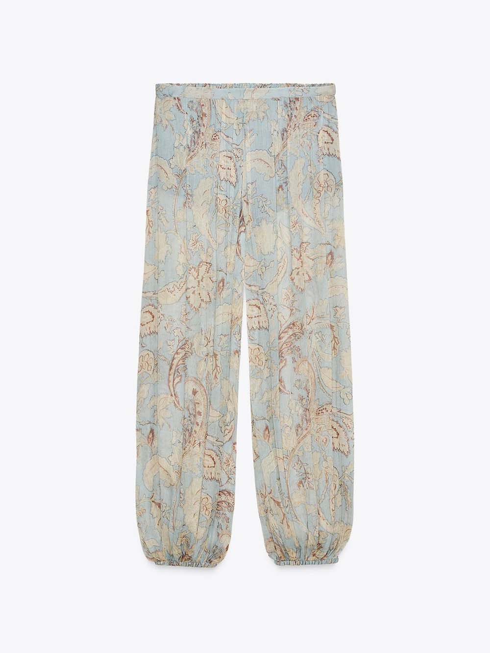 Pantalon boho en mousseline de soie à imprimé floral, taille élastique, ourlet noué
