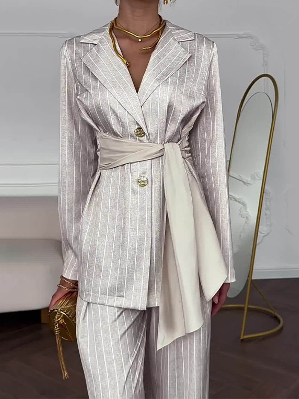 Exquisite Striped Print High-Waist Straight Pants