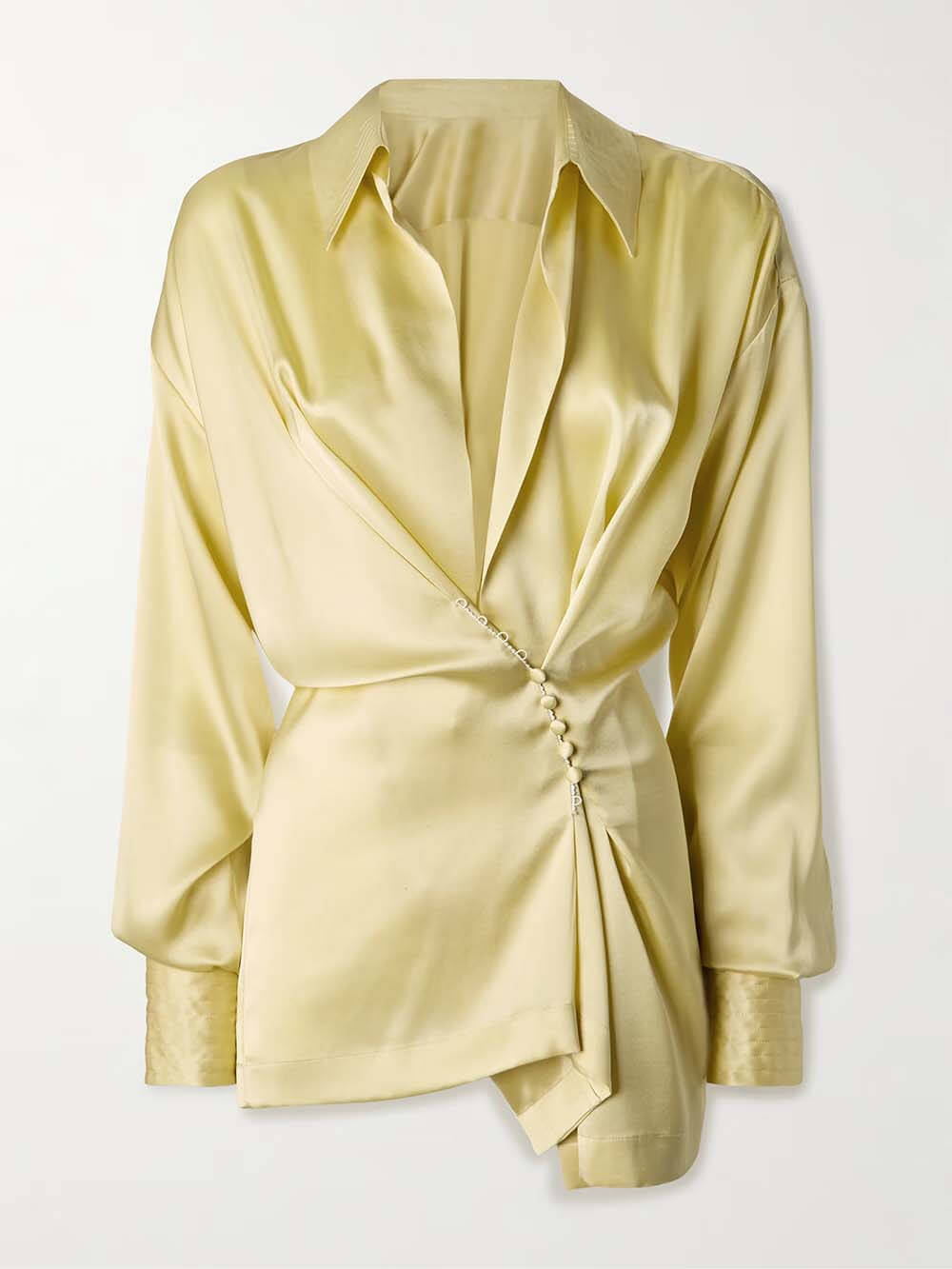 Delicate Wrap-Effect Stretch Satin Button-Detail Shirt