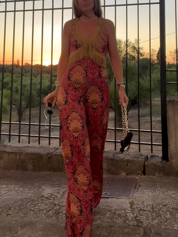 Retro Bohemian Print Tassel Jumpsuit