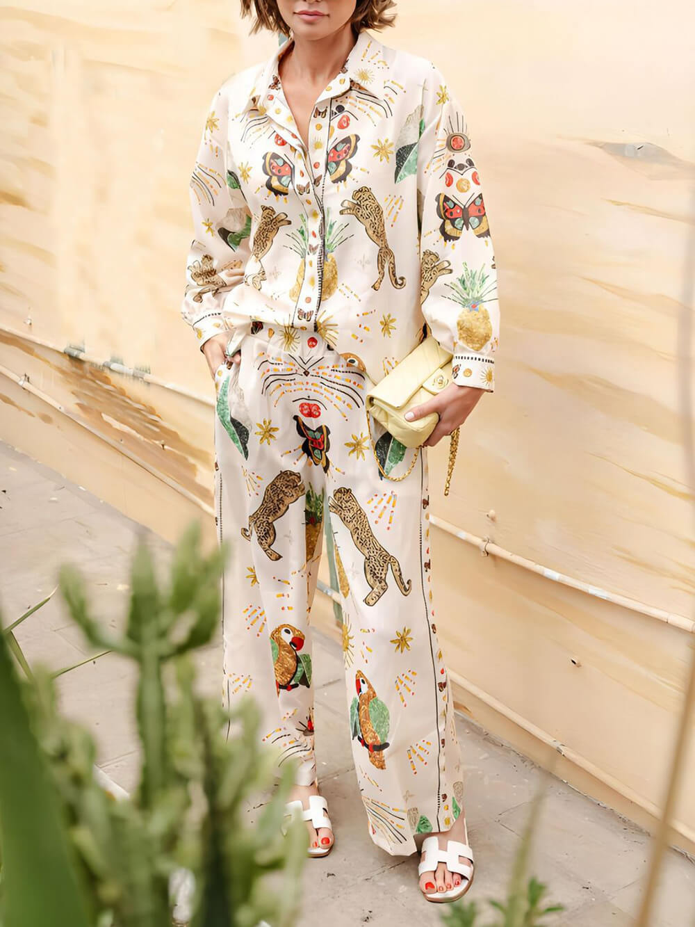 Fashionable Tiger Pattern Print Linen Loose Pocket Wide-Leg Pants