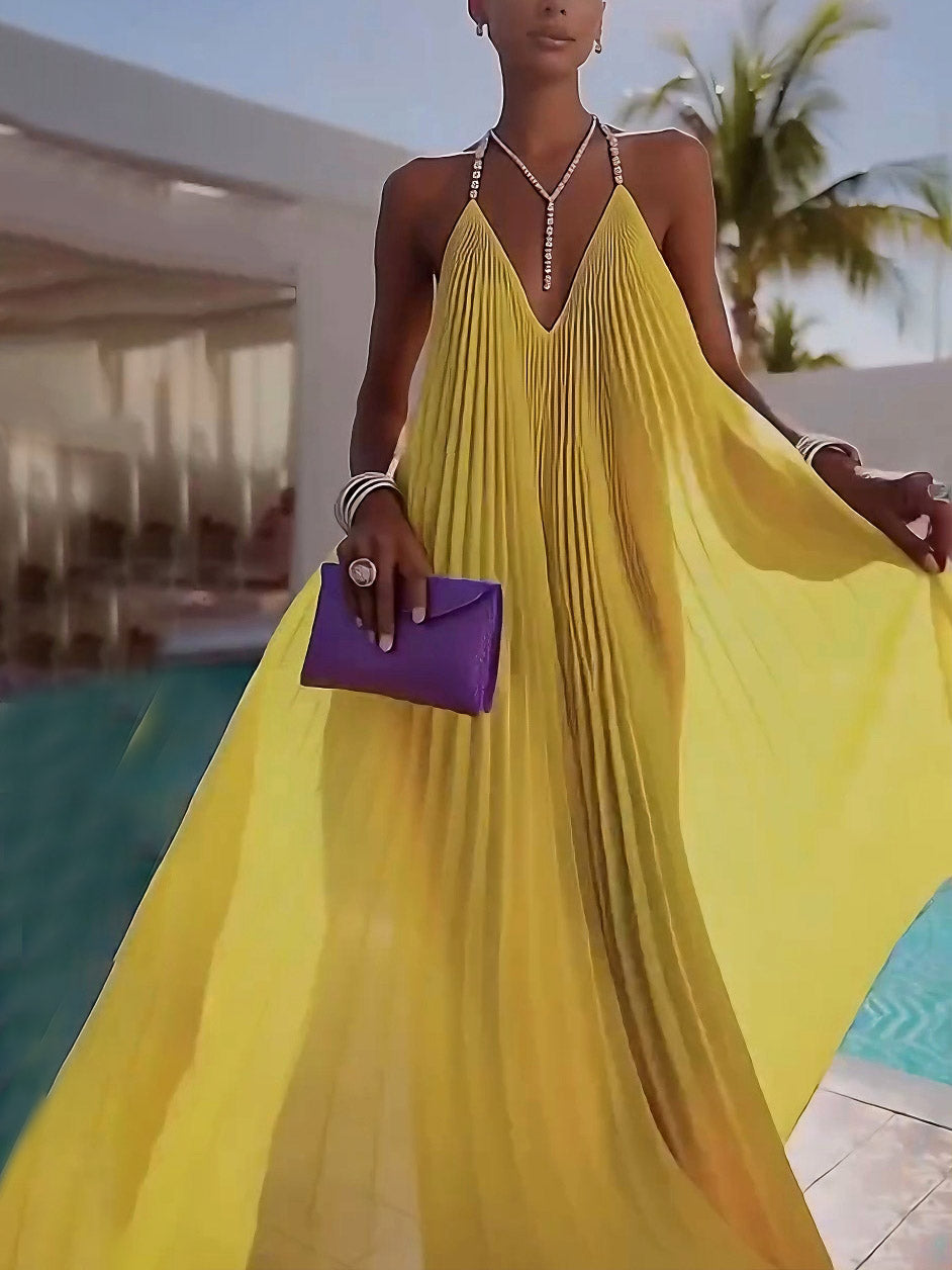 Elegantes plissiertes rückenfreies Chiffon-Maxikleid mit V-Ausschnitt