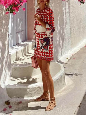 Vintage Print Flared Cuffs Mini Dress