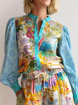 Ensemble chemise à manches longues et short en lin à imprimé unique classique