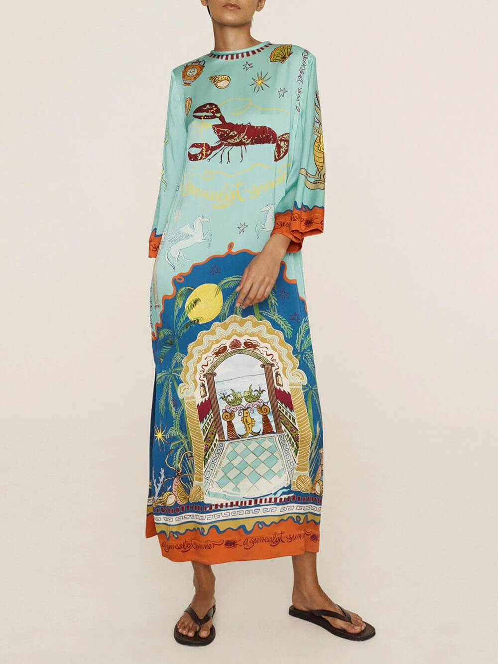 Robe longue fendue à manches longues et taille nouée en satin à imprimé unique