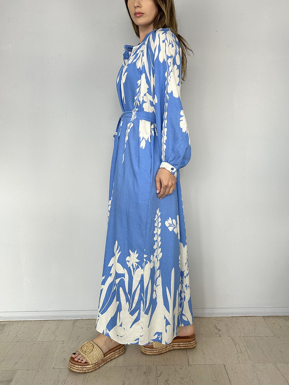 Robe longue fendue à imprimé bohème unique et ceinture