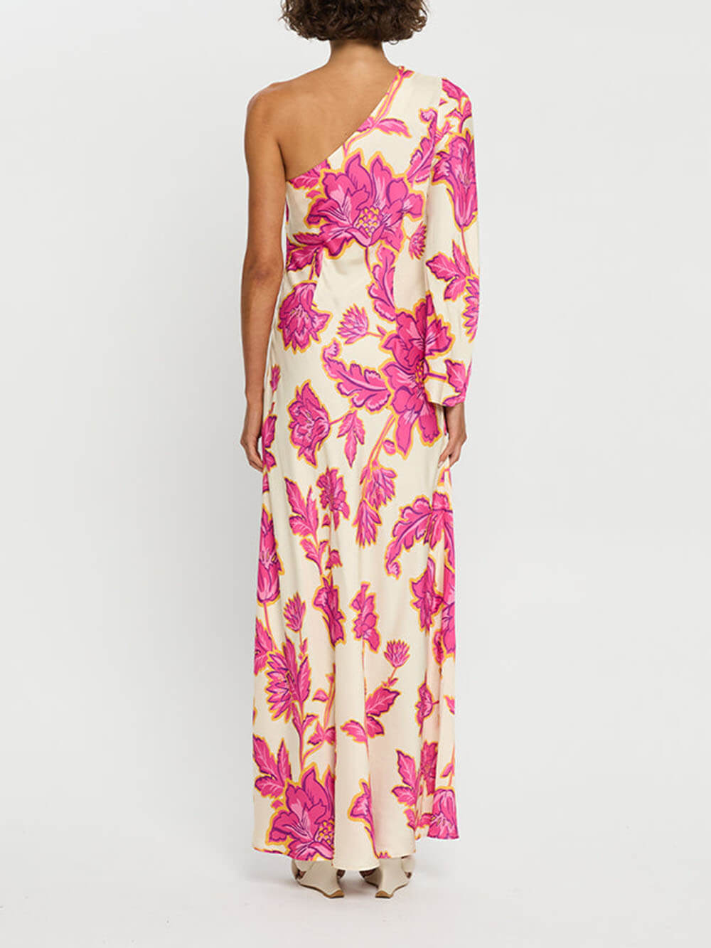 Robe longue évasée à une épaule en satin à imprimé floral unique