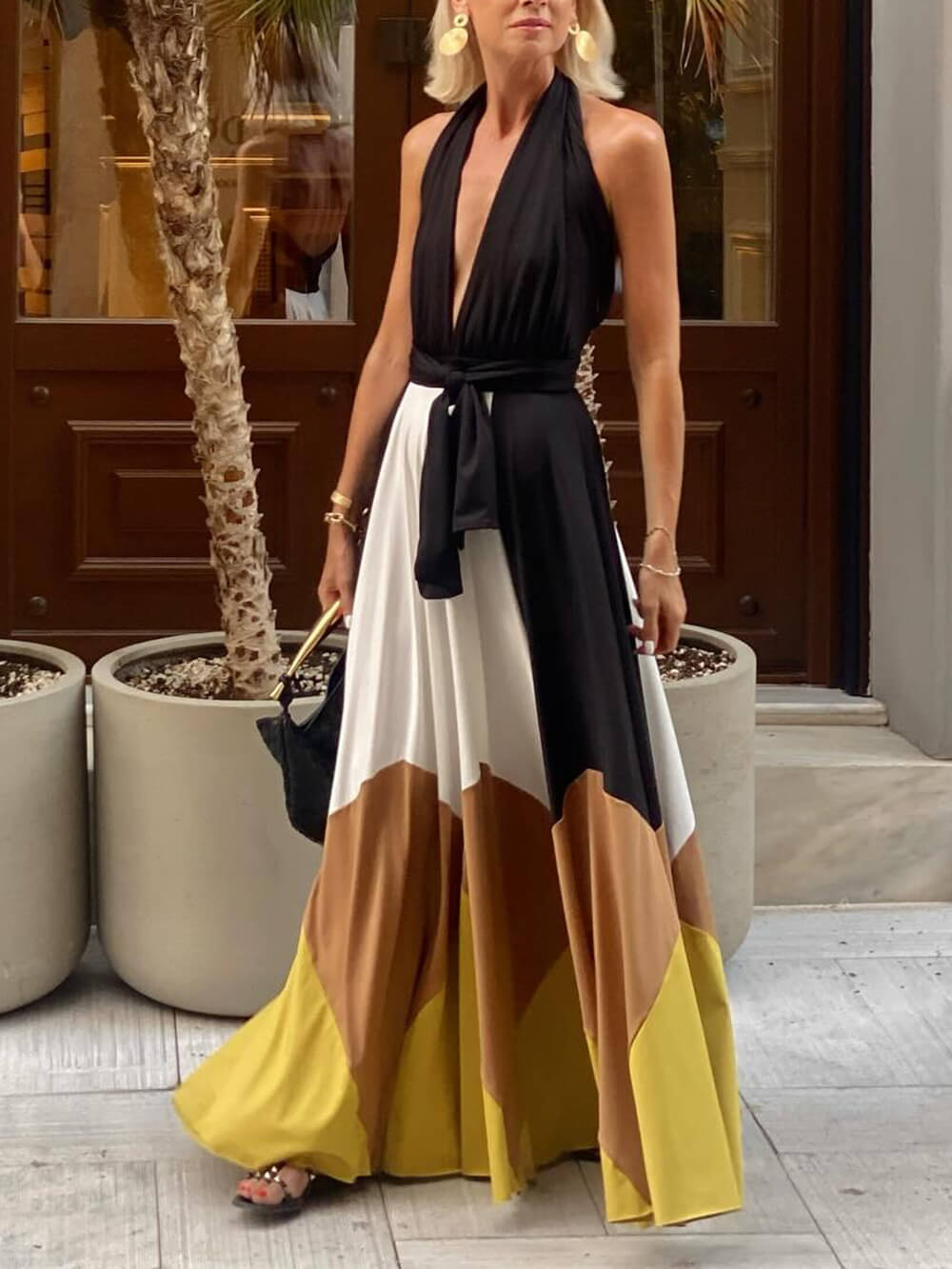 Elegant Geometric Patchwork Backless Tie-Back Maxi Dress