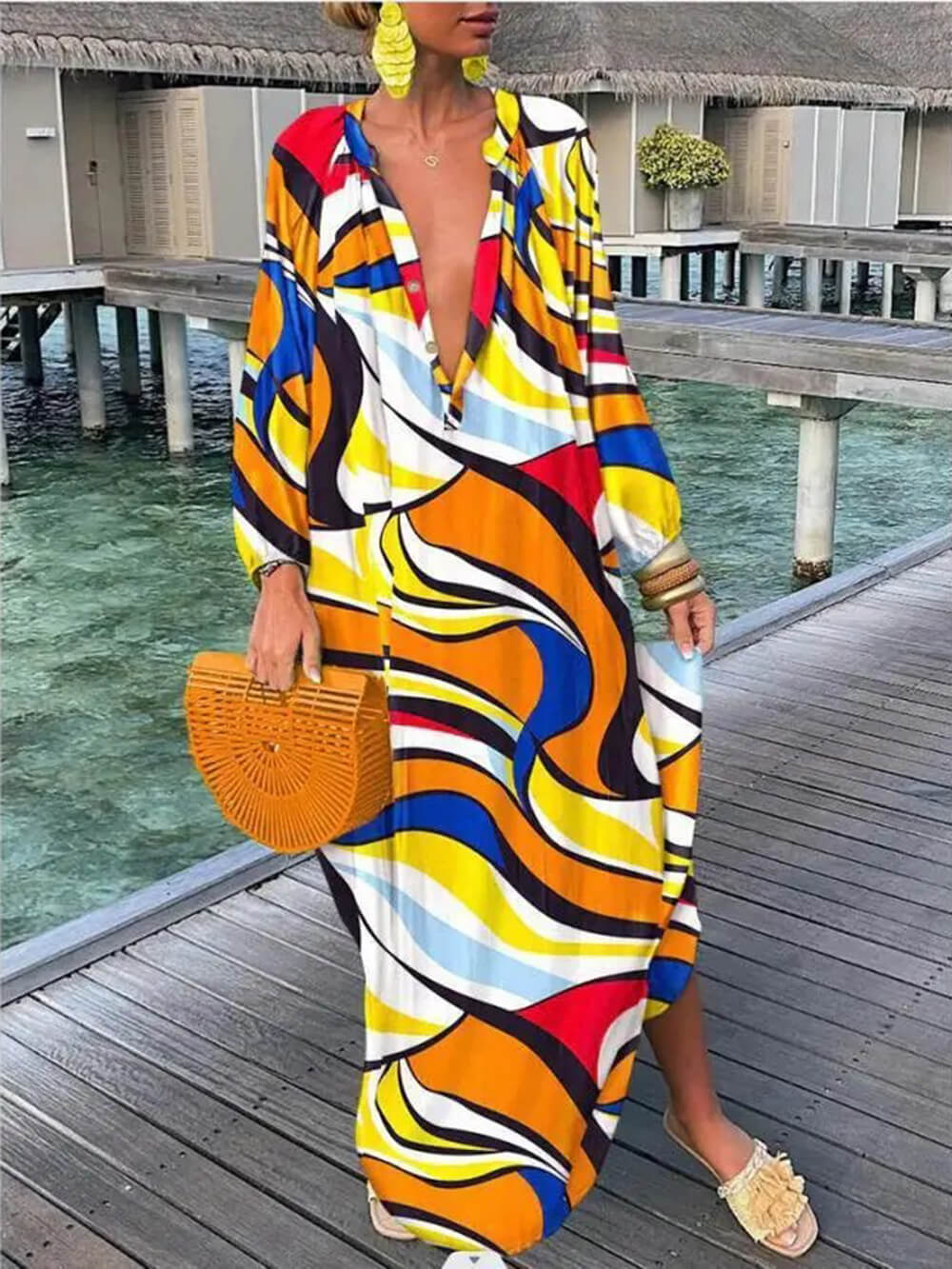 Robe longue bohème imprimée à col en V