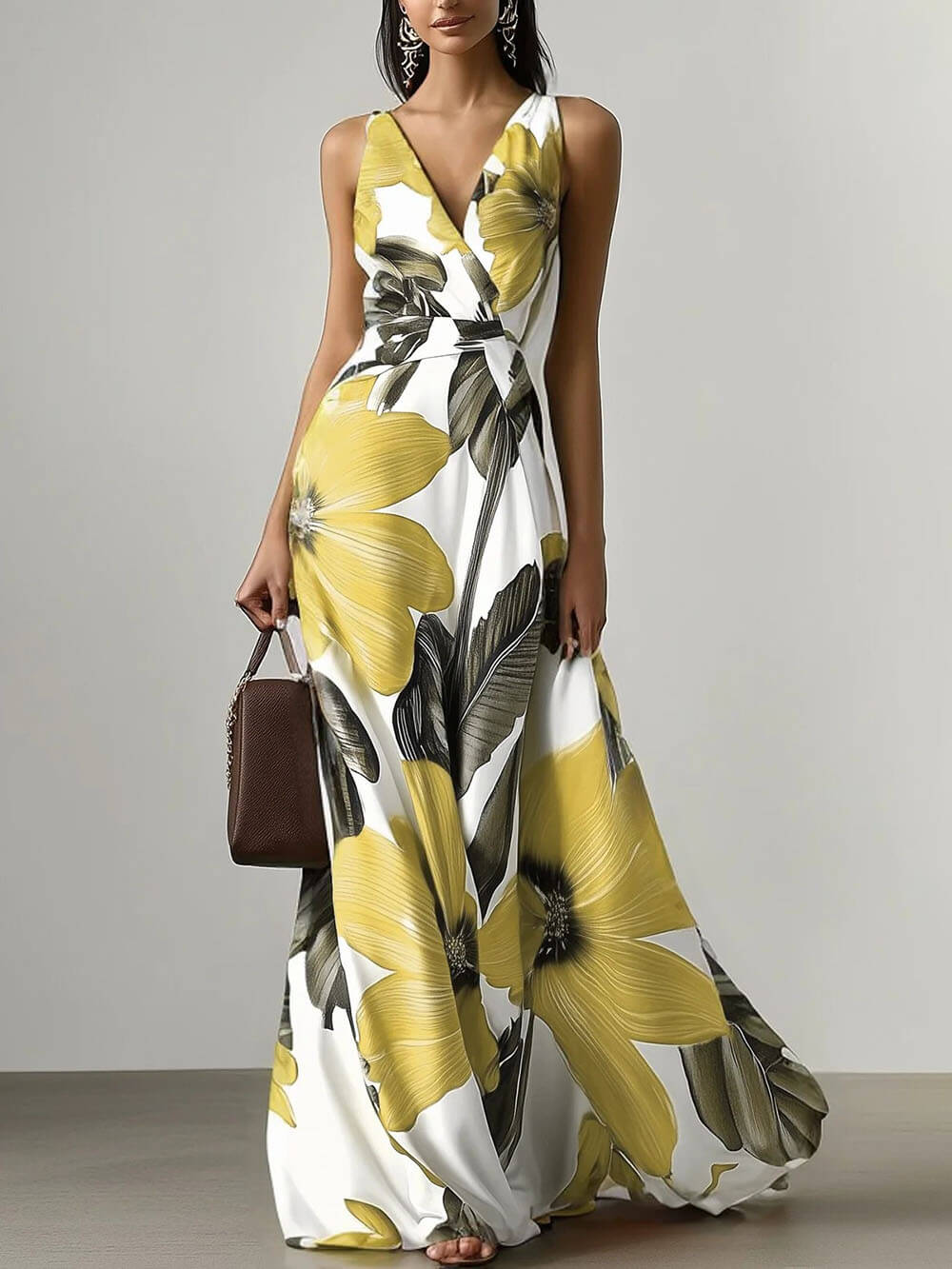 Elegant Floral Print Classic V Neck Sleeveless A-Line Maxi Dress