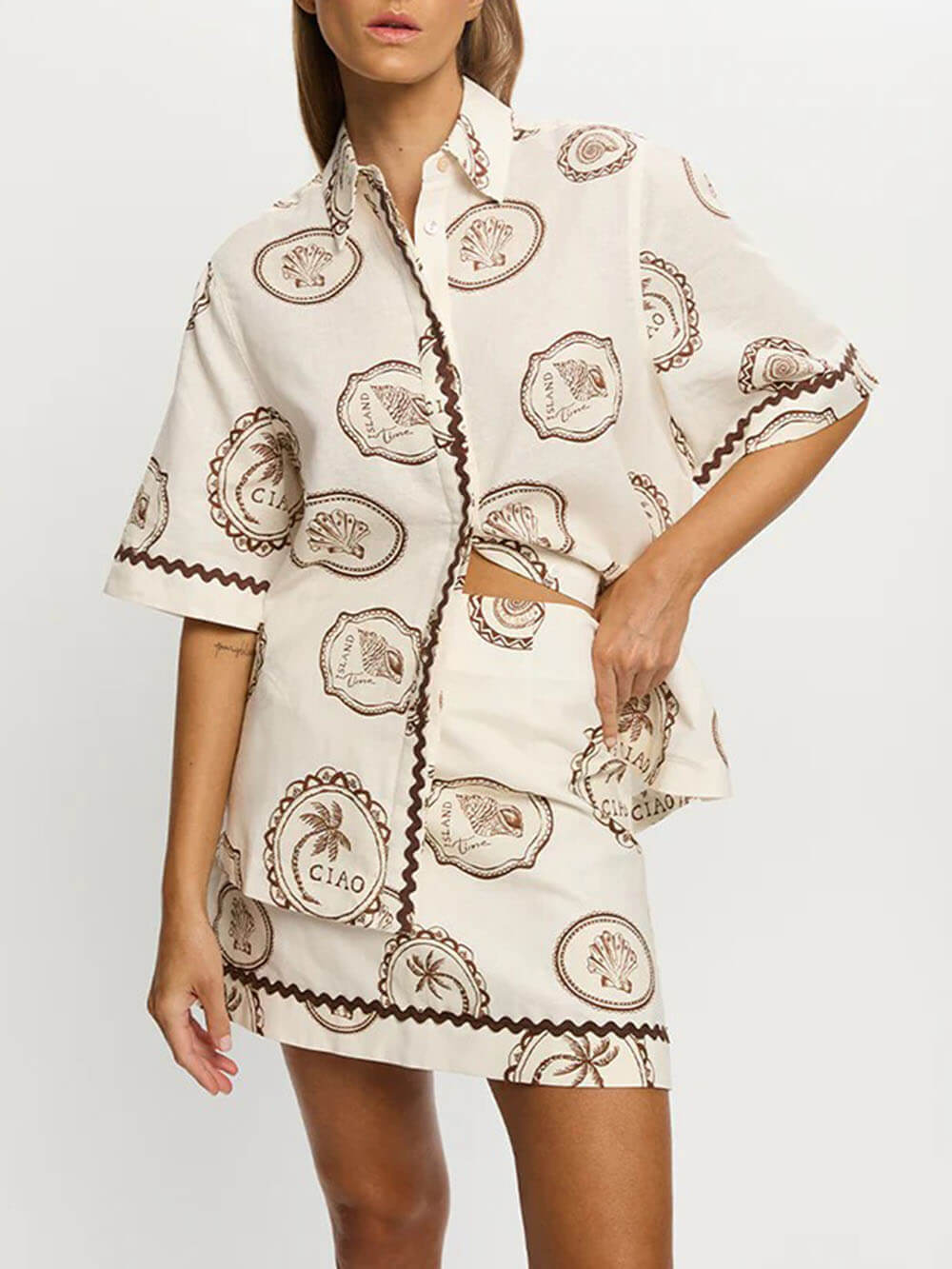 Elegant Lace-Up Linen Shell Print Short-Sleeved Shirt And Skirt Set
